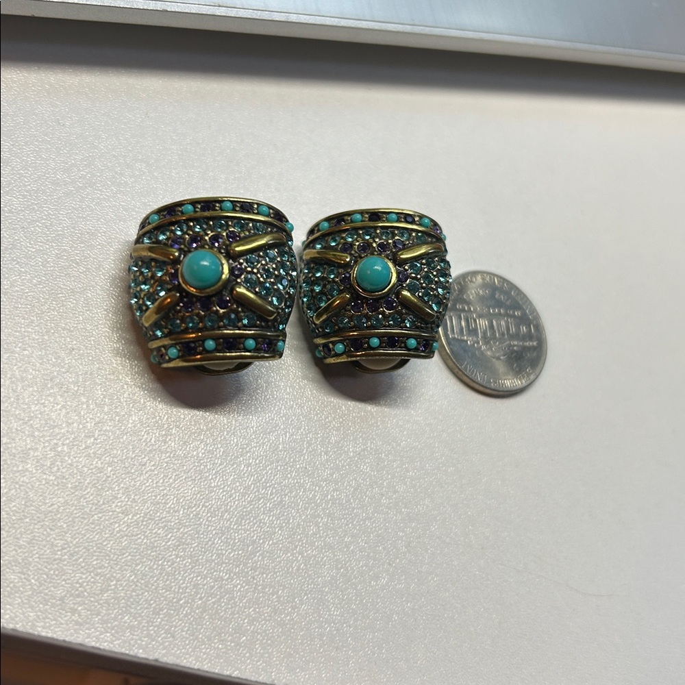 Heidi Daus Turquoise Blue Crystal Bronze Clip Earrings